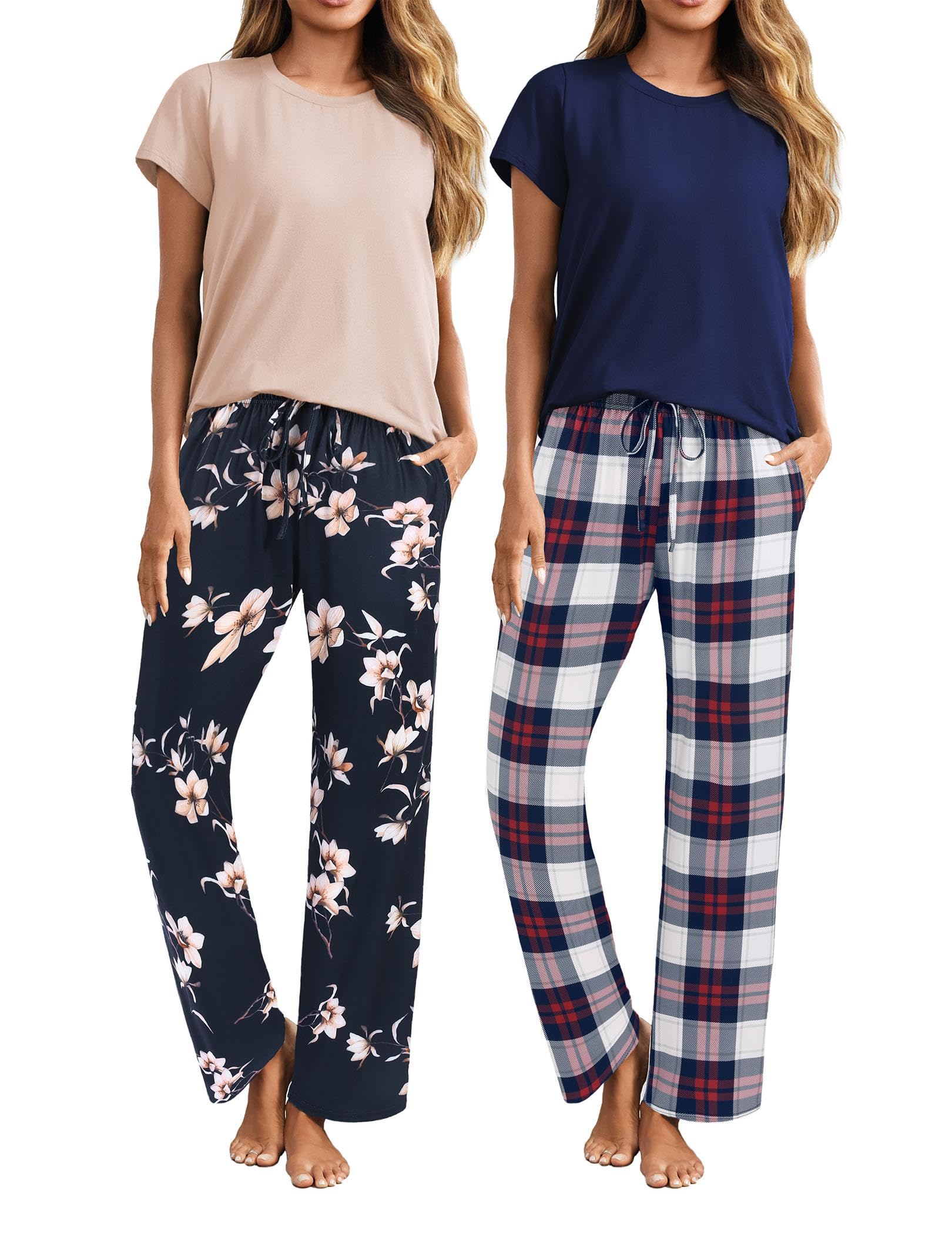 ELESOL 2 Piece Outfits For Women Lounge Sets Pajama Sets Short Sleeve Top and Pants with Pockets