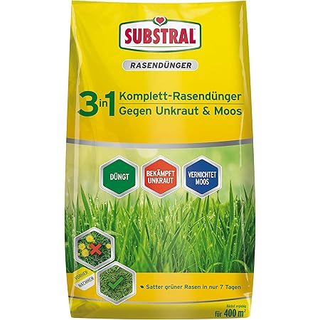 Substral 3 in 1 Komplett Rasendünger mit Unkrautvernichter und Moosvernichter, 14 kg für 400 m²