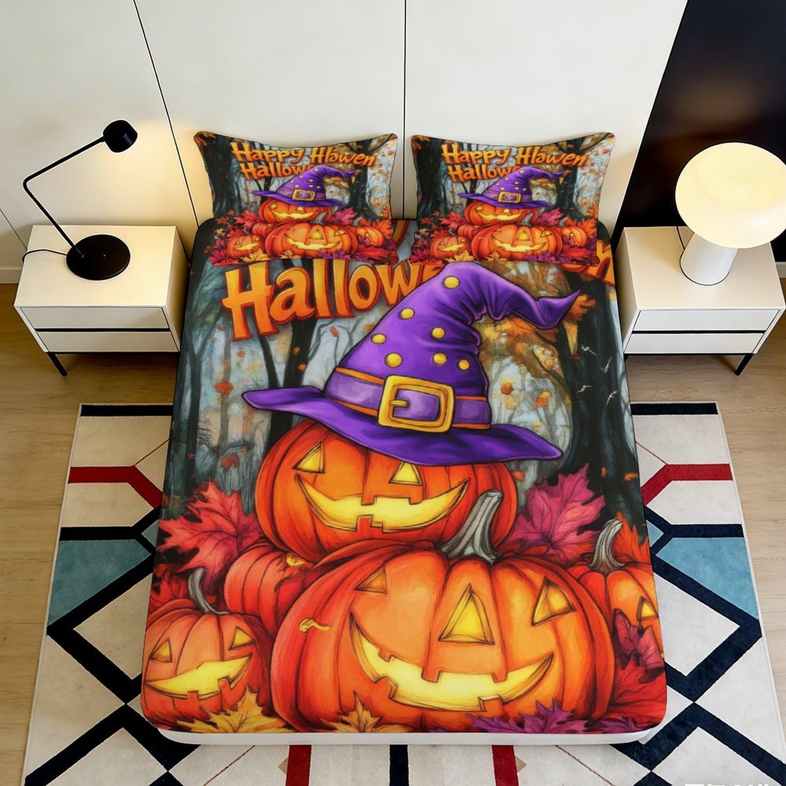 3D Printed Halloween Pumpkin Fitted Sheet Microfiber Soft Mattress Cover Witch Hat Autumn Decor for Bedroom Dorm 160x200x25cm