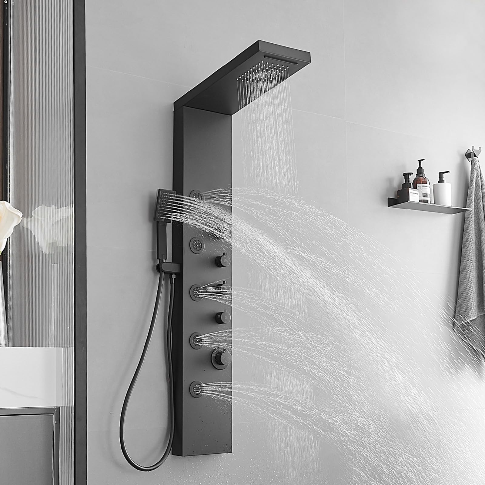BWE Rainfall Waterfall Shower Tower Panel System Stainless Steel Bathroom Shower Faucet with Handheld Shower and Rain Massage System Wall-Mount Shower Column