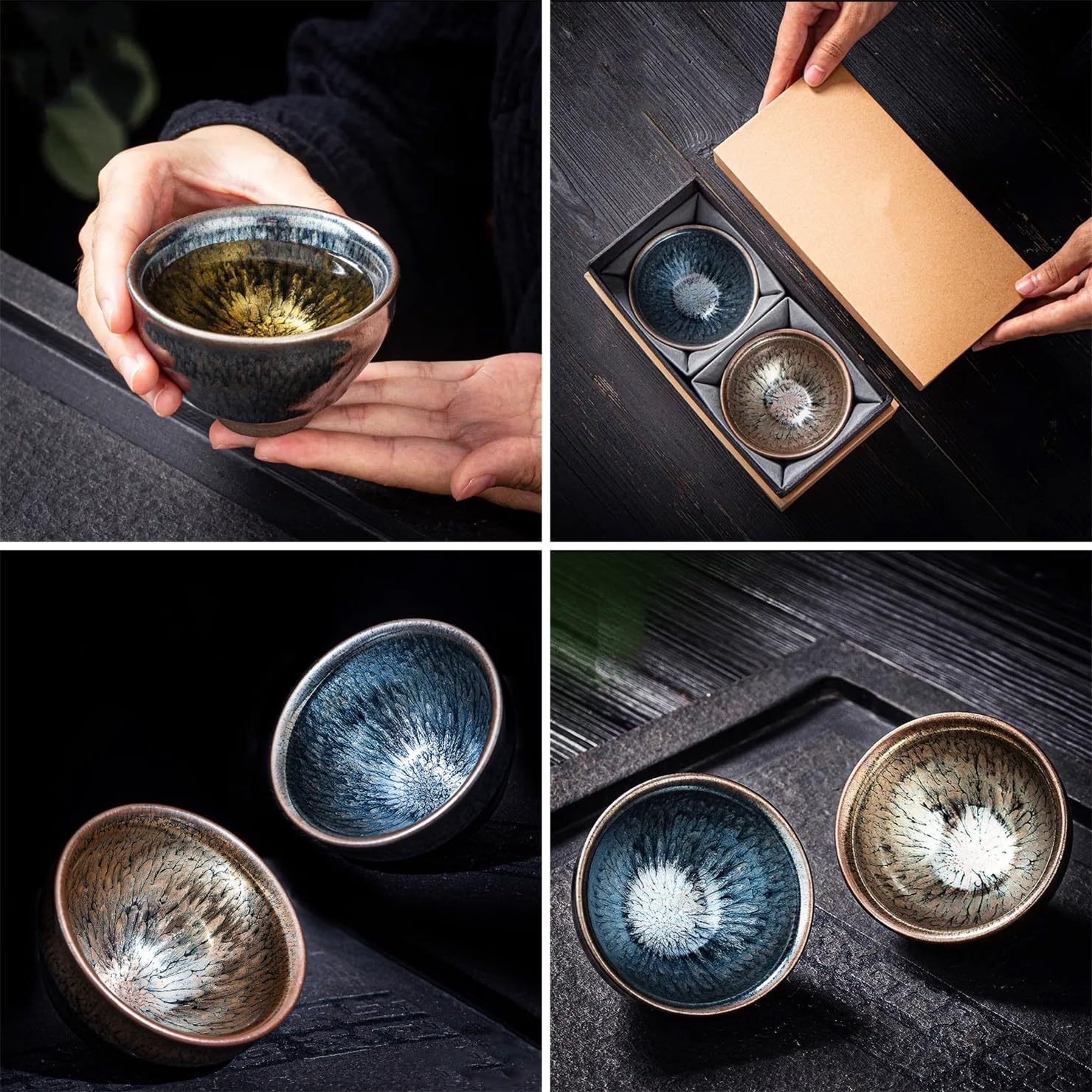 Set of 2 Handcrafted Jian Zhan Tea Cups, Feather-Pattern Original Ore Glaze Ceramic Tea Bowls, Traditional Chinese Kiln-Fired Master Teacup Set with Gift Box(Single-serve)