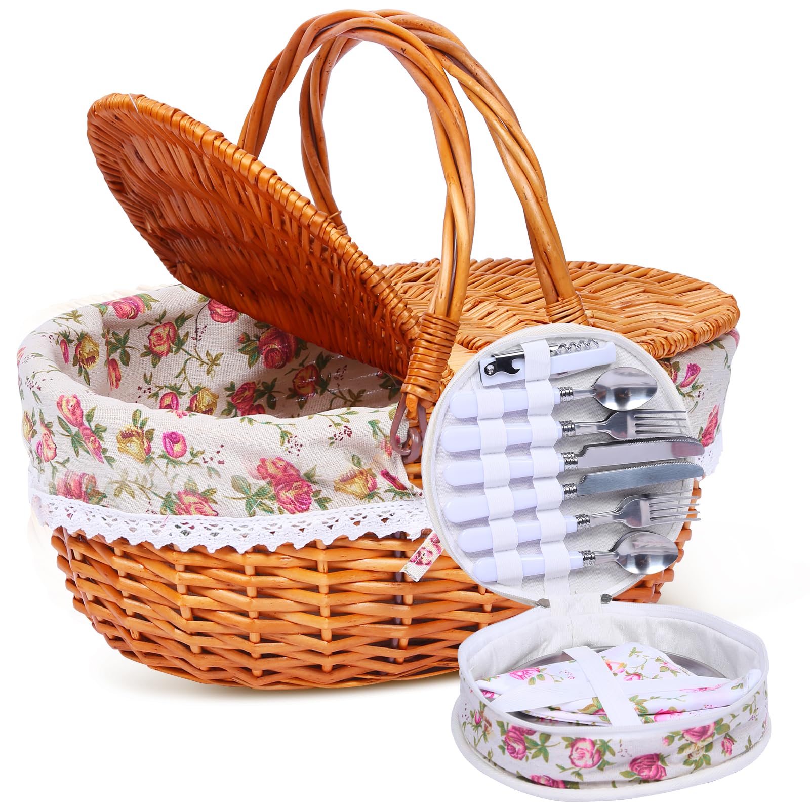 Cesto da picnic in vimini per 4 persone, con coperchio e manico, cestino da picnic con fodera lavabile e posate per esterni, campeggio, Halloween, Natale e un