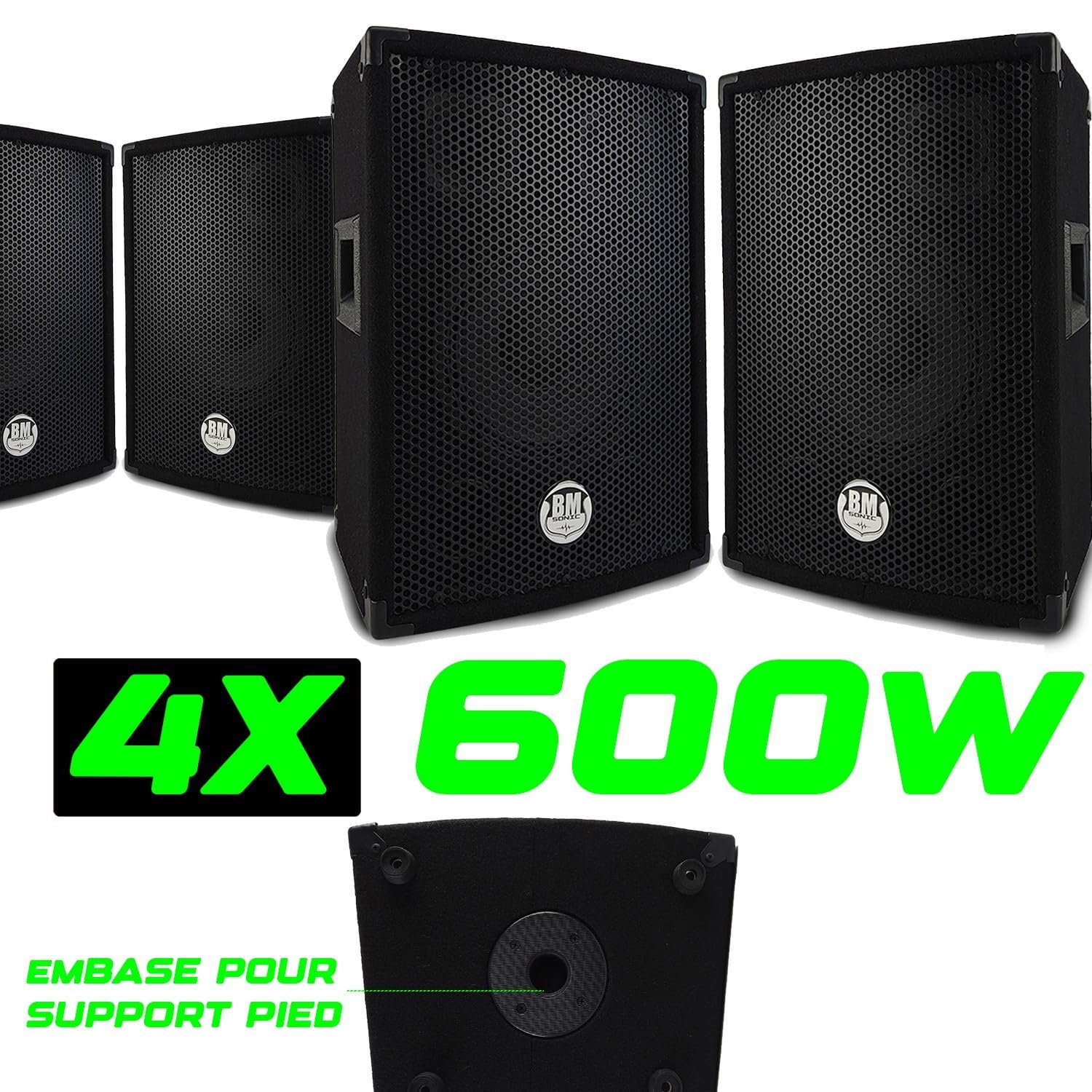 Pack Sono Sound 2400W Total - 4 Enceintes passives BM Bmsonic BMS 600W Noir - Câbles HP - Soirée - Anniversaire - Mariage - DJ