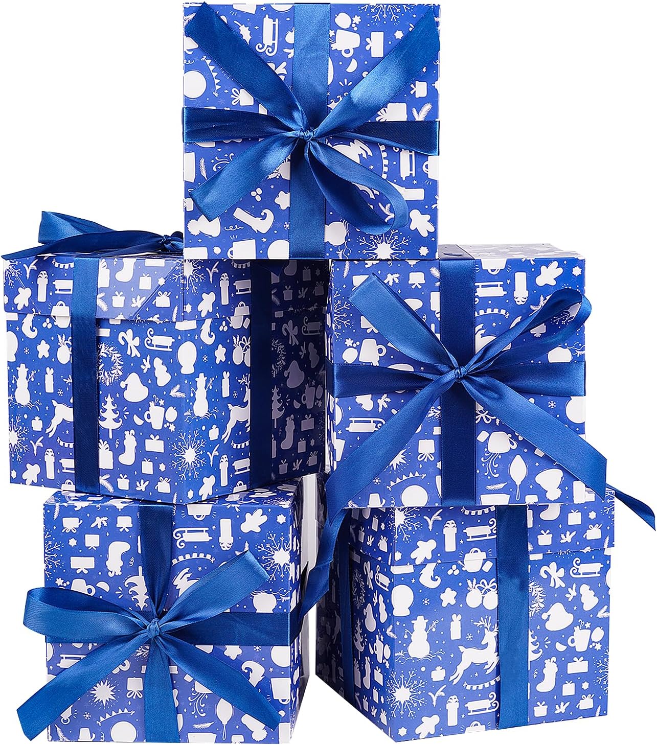Jaywayang 5 Pack Blue Christmas Gift Boxes with Lids, Ribbons and Tissue Papers Square Gift Boxes - 7.1 Inch - Presents Wrapping Christmas Gift Holiday New Year Party Favor Boxes.