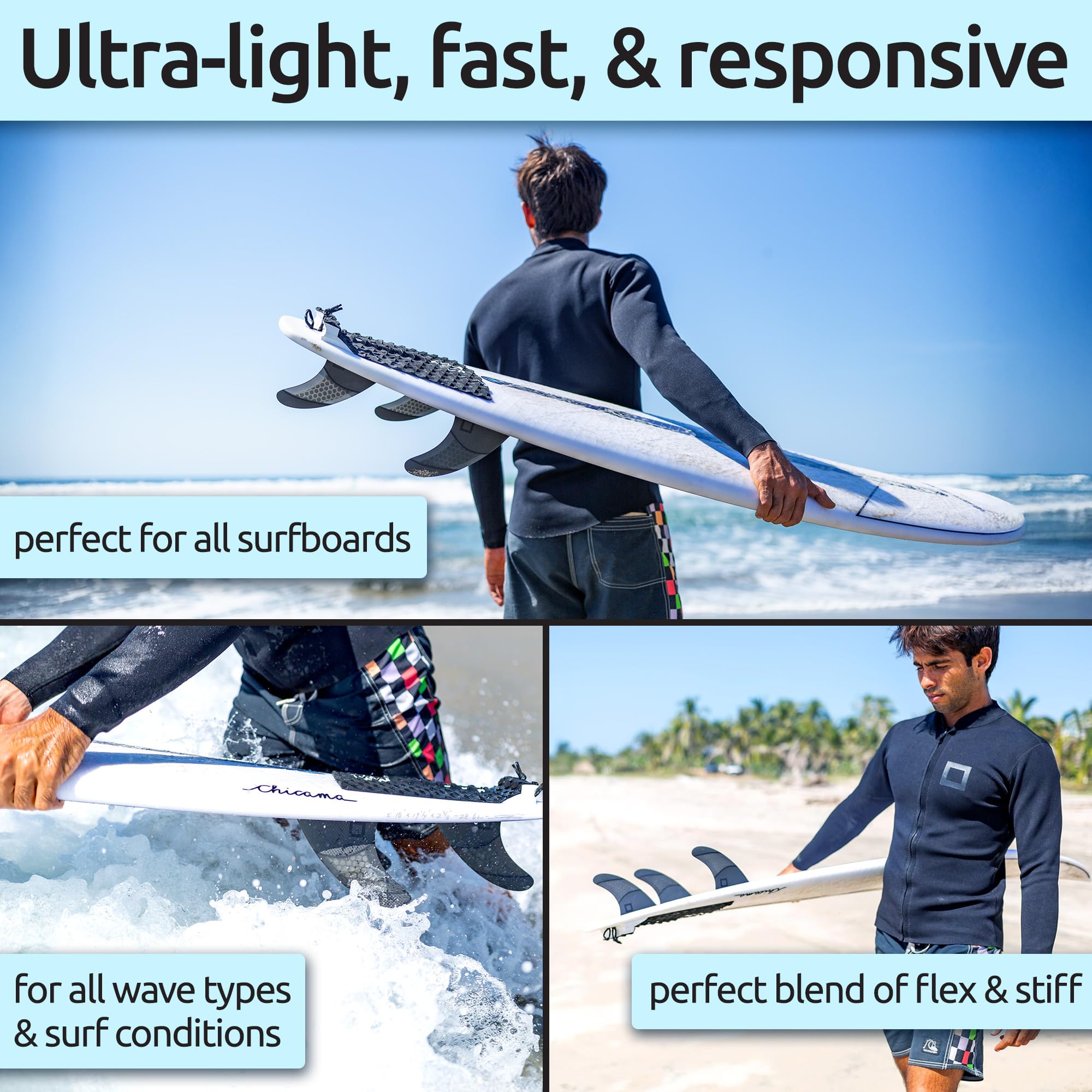 Juego de aletas de empuje mediano (3 aletas), panal con aletas de fibra de carbono para tabla de surf, compatible con tablas de surf Futures de una sola pestaña, monta como Twin o