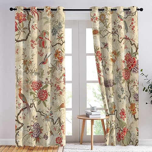 Miniatura 2 de Cortinas étnicas para dormitorio, sala de estar, diseño de plantas de pájaros, cortinas opacas de 63 pulgadas de largo, juego de 2 paneles de