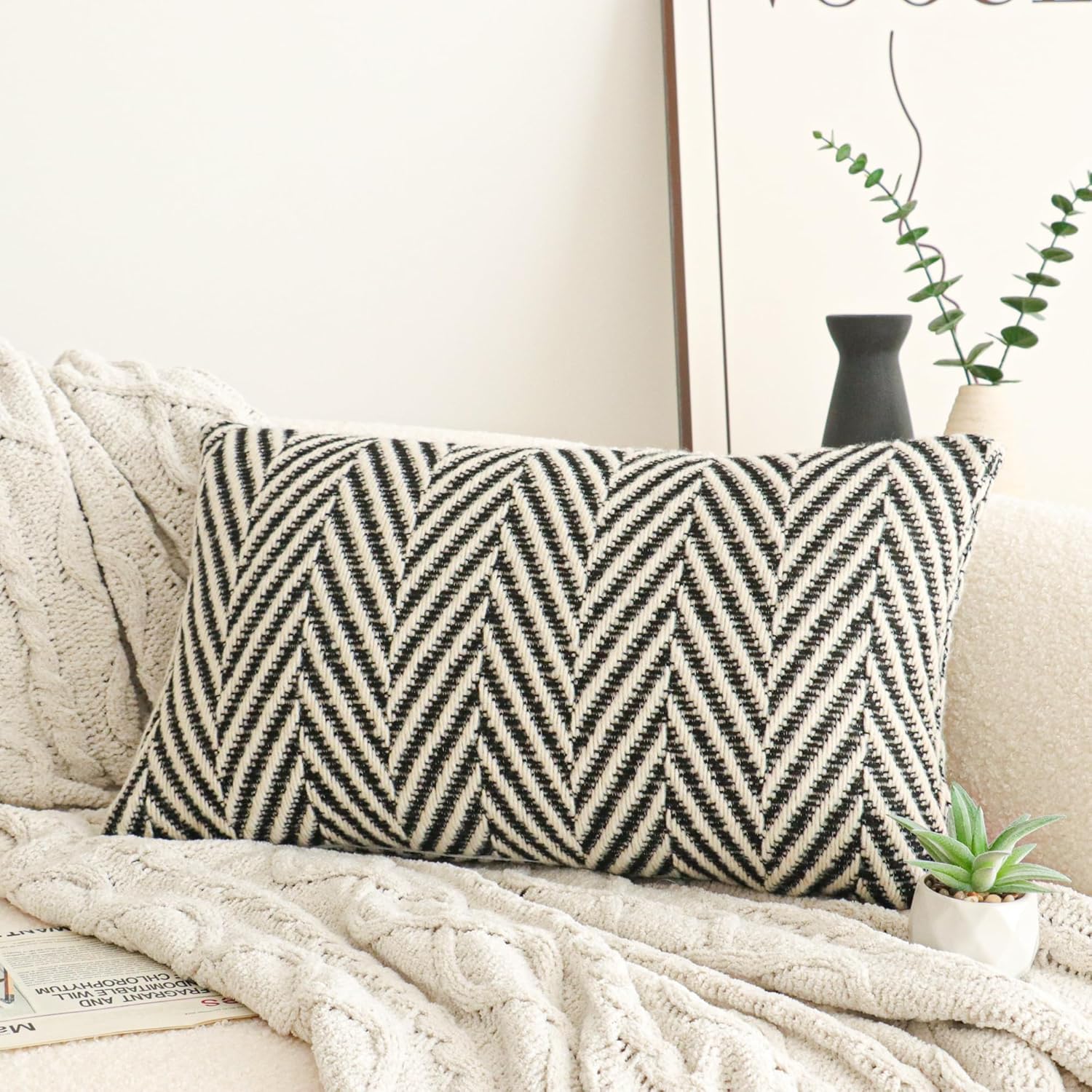 Jonhier Black White Chevron Lumbar Throw Pillow Cover, Boho Farmhouse Geometric Pattern Cushion Cover, Mid Century Accent Decorative Pillowcase for Sofa Couch Bedroom Living Room, 12 x 20 inch 20" x 12" (Pack of 1)