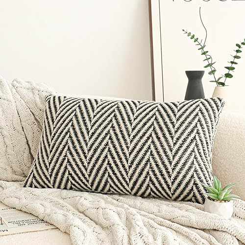 Jonhier Funda de cojín lumbar de cheurón blanco y negro, funda de cojín decorativa de mediados de siglo para sofá, dormitorio, sala de estar, 12 x