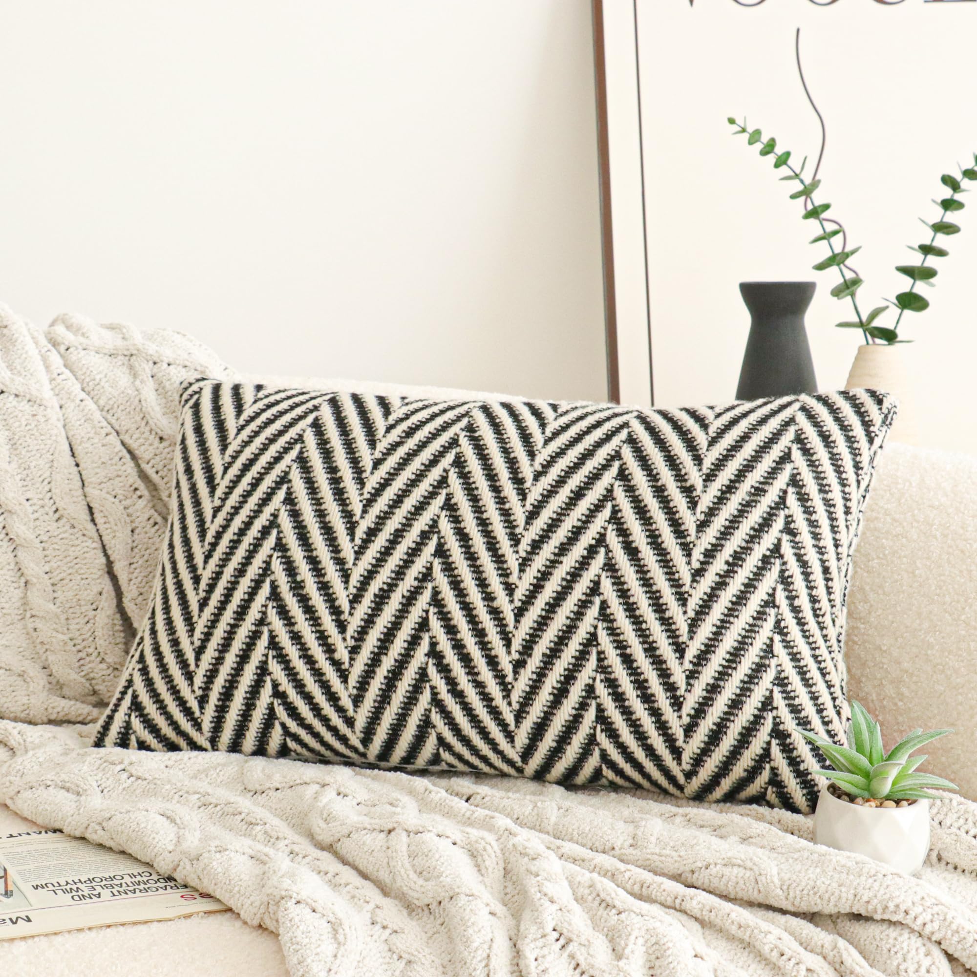 JonhierBlack White Chevron Lumbar Throw Pillow Cover, Boho Farmhouse Geometric Pattern Cushion Cover, Mid Century Accent Decorative Pillowcase for Sofa Couch Bedroom Living Room, 12 x 20 inch