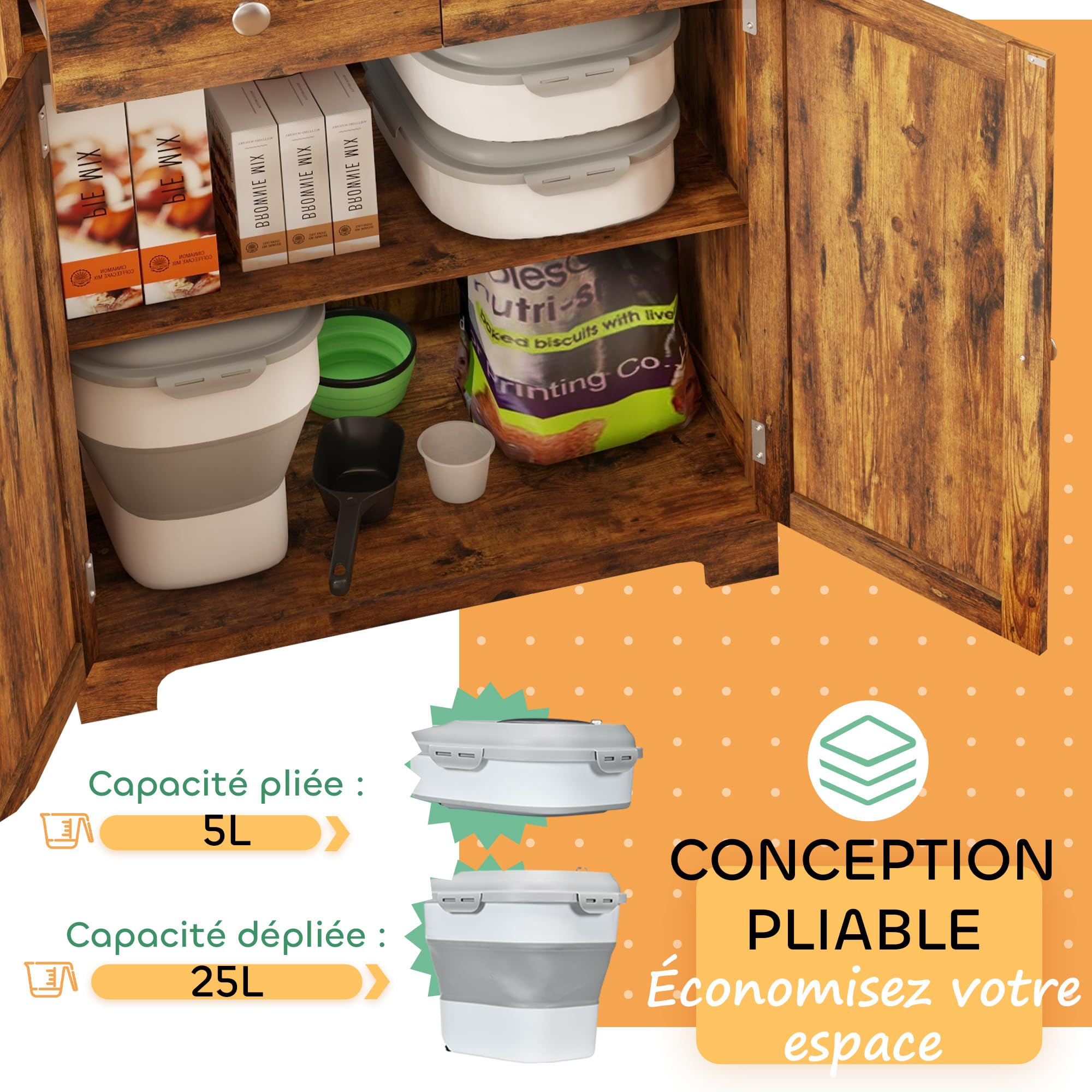 PawHut Conteneur à croquettes pour chien pliable 25L rangement hermétique pour nourriture avec couvercles hermétiques, roulettes, tasse, bol et cuillère, pour animaux de compagnie, gris