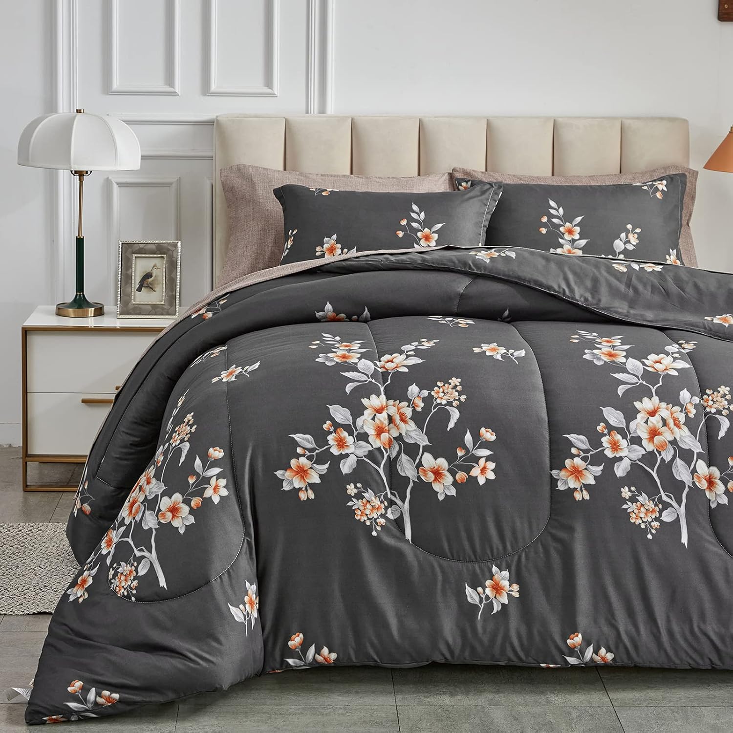7 Pieces Bed in a Bag Queen Comforter Set with Sheets, Dark Grey Floral Design Soft Microfiber Bedding Sets for All Season (1 Comforter, 2 Pillow Shams, 1 Flat Sheet, 1 Fitted Sheet, 2 Pillowcases) Dark Gray Floral Queen-7 Pieces