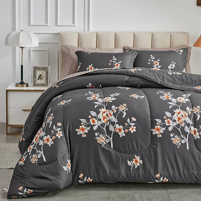 7 Pieces Bed in a Bag Queen Comforter Set with Sheets, Dark Grey Floral Design
