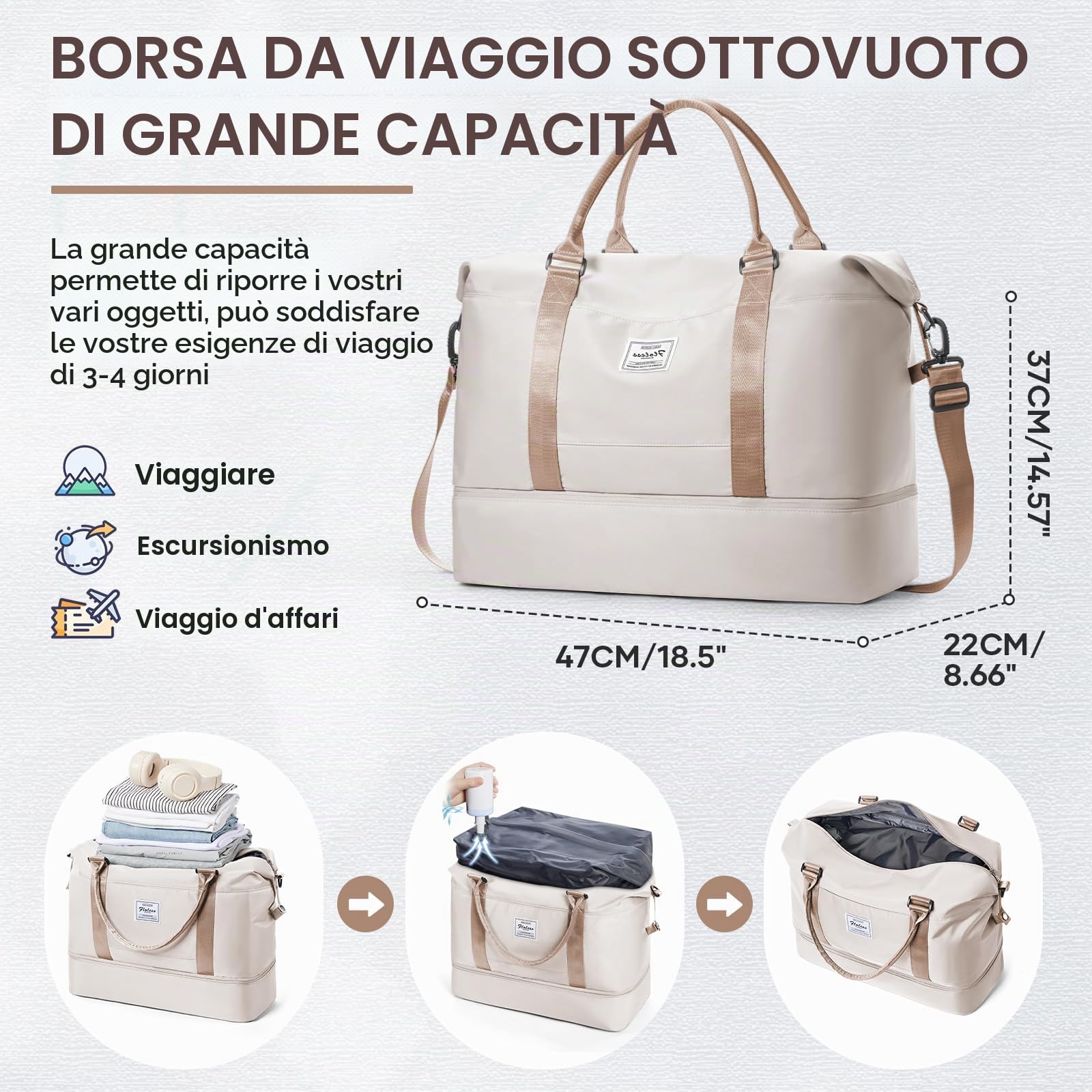 Borsone da Viaggio Sottovuoto con pompa,Bagaglio a Mano Easyjet Borsa da Viaggio con Scomparto per le Scarpe, Borsa da Cabina per Easyjet Borsa Sportiva Borsone da Palestra da Weekend,R3-Beige Marrone