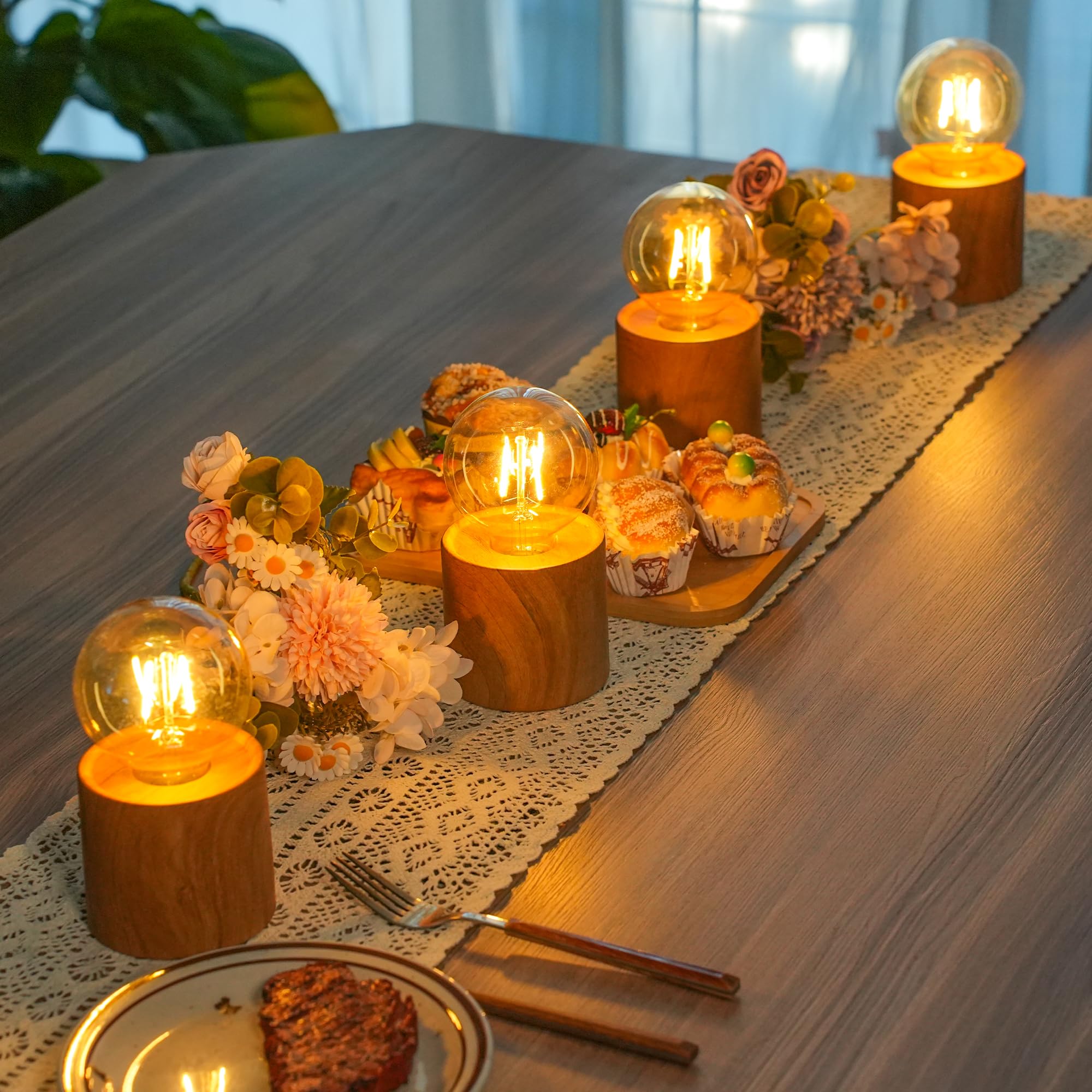 JHY DESIGN 2er Set Metall Kabellos Tischlampen Batteriebetrieben 20cm hoch Dekorative Sphärischem Nachttischlampe Batterielampe Licht für Hochzeiten Party Außen Innen Wohnzimmer (Schwarze Basis)