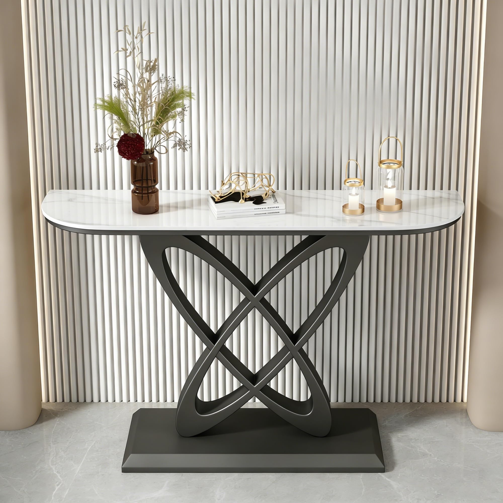 Modern Console Table 80cm Ultra-Narrow Stone Entryway Table With Metal Base Slim Sofa Table Behind Couch Luxury Porch Table & Hallway Accent Table For Entrance Living Room(L,59"/150CM)