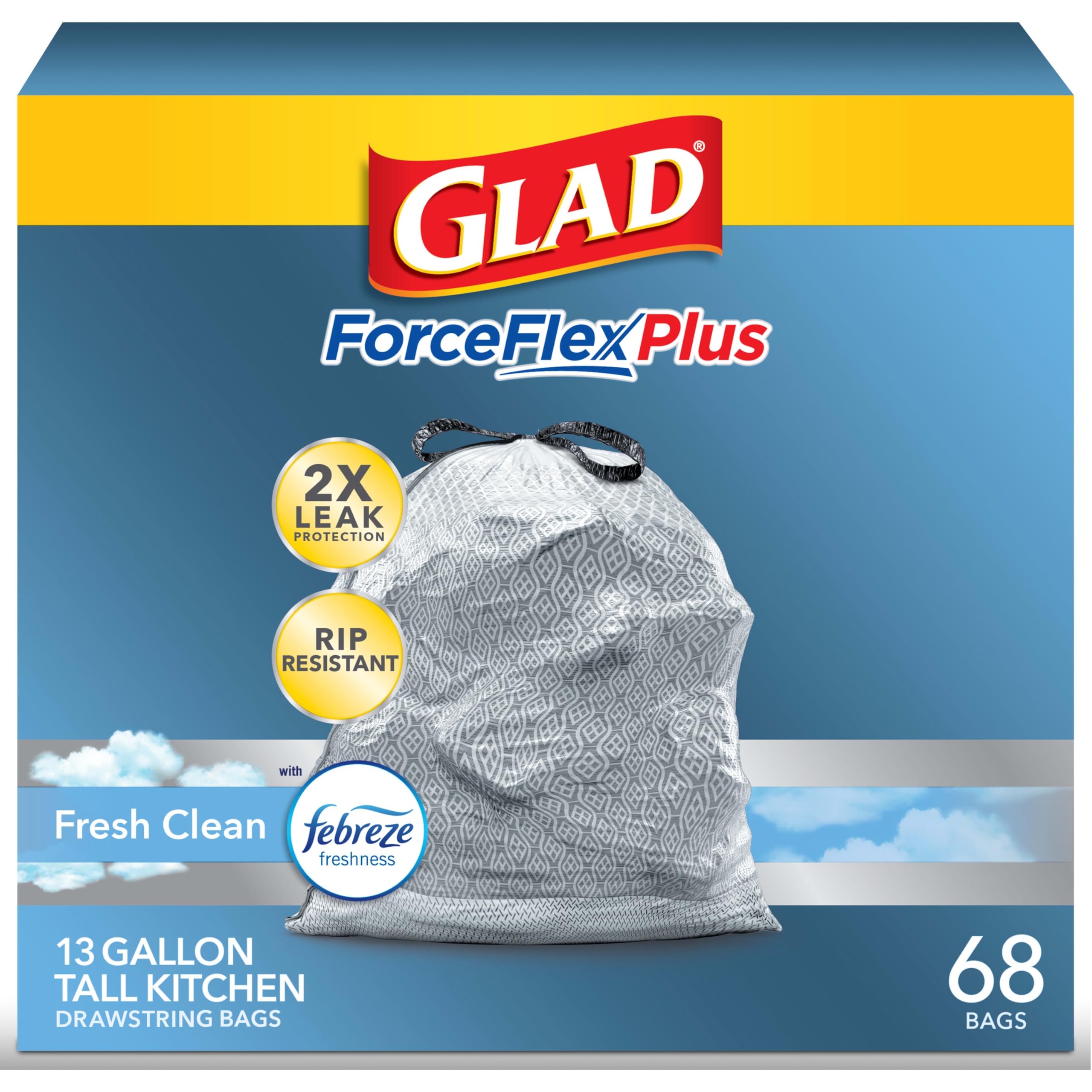 Glad ForceFlexPlus Tall Kitchen Drawstring Trash Bags - 13 Gallon Grey Trash Bag, Fresh Clean with Febreze Freshness 68 Count