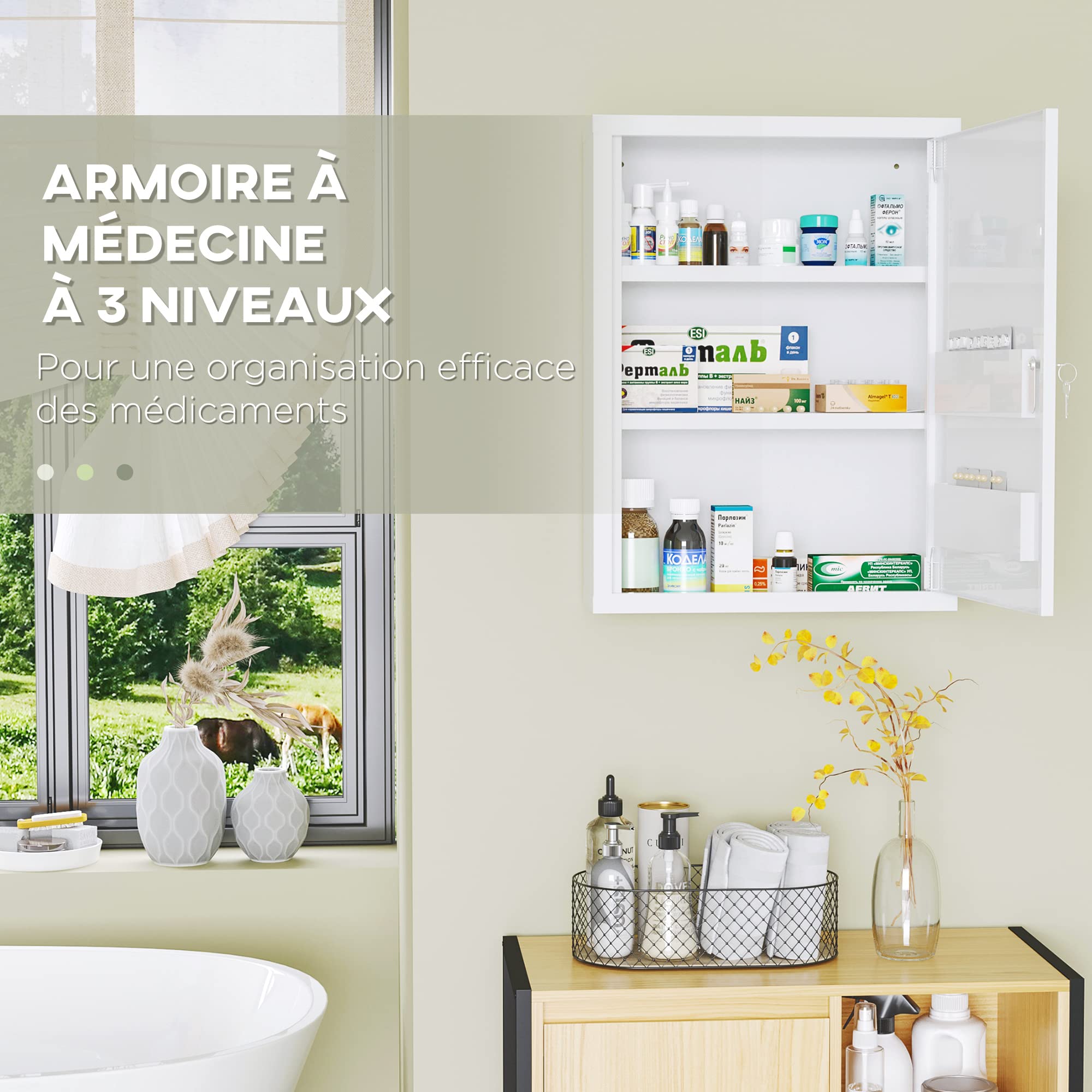 kleankin Armoire à Pharmacie Armoire à médicaments Murale 2 étagères 3 Niveaux avec Porte verrouillable 2 clés Acier 40 x 15 x 53,5 cm Blanc