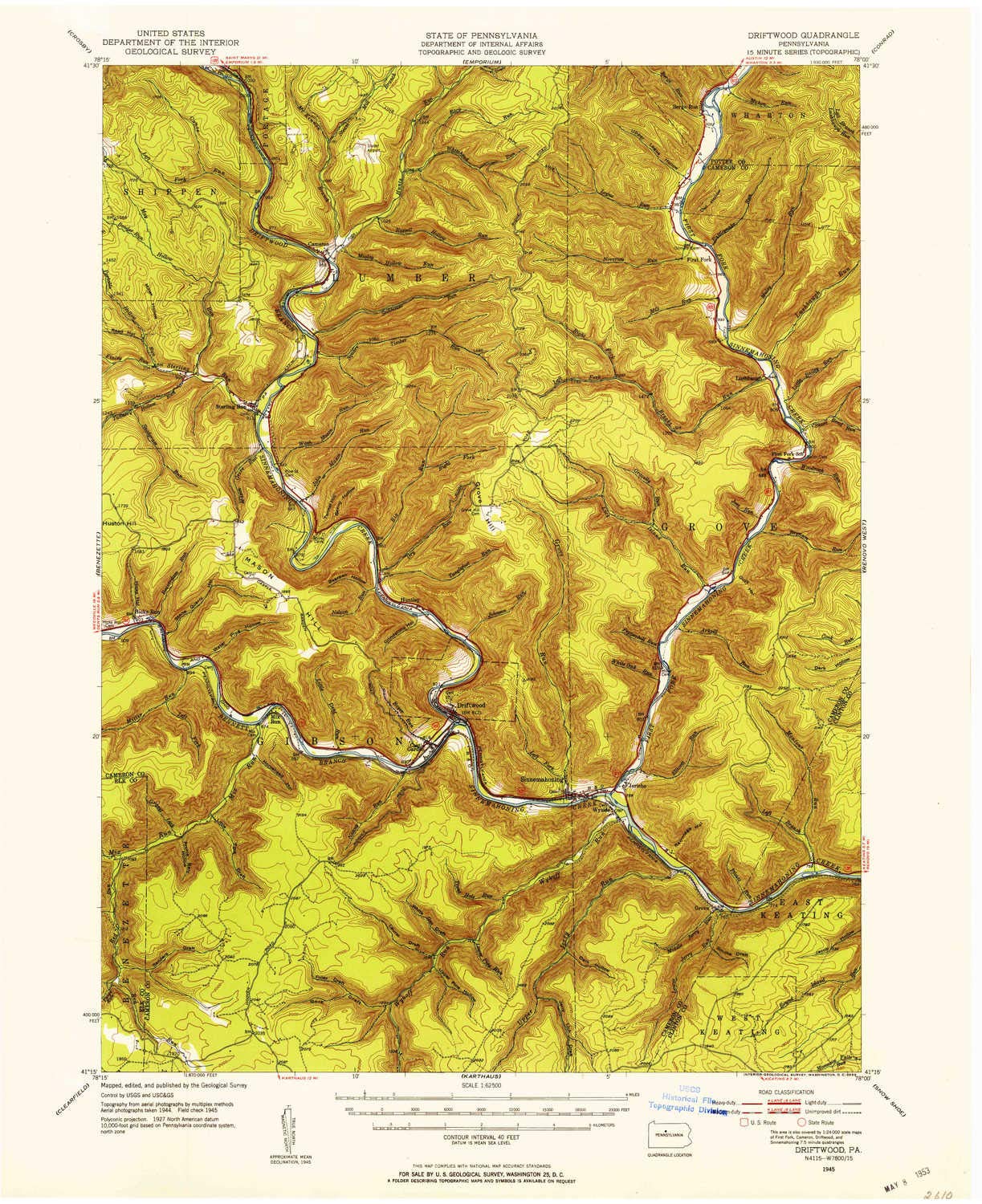 YellowMaps Driftwood PA topo map, 1:62500 Scale, 15 X 15 Minute, Historical, 1945, Updated 1953, 20.9 x 17 in - Tyvek
