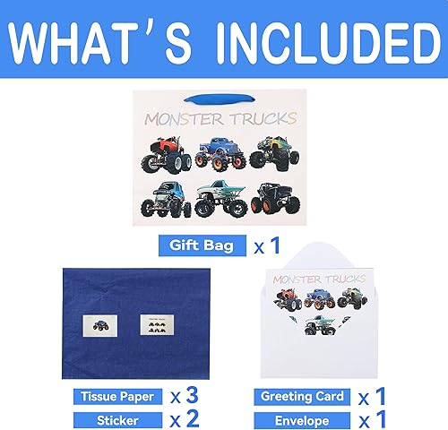 Miniatura 3 de Juego de bolsas de regalo grandes con temática de camión de 13 pulgadas con tarjeta de felicitación y papel de seda (diseño de camiones monstruo)