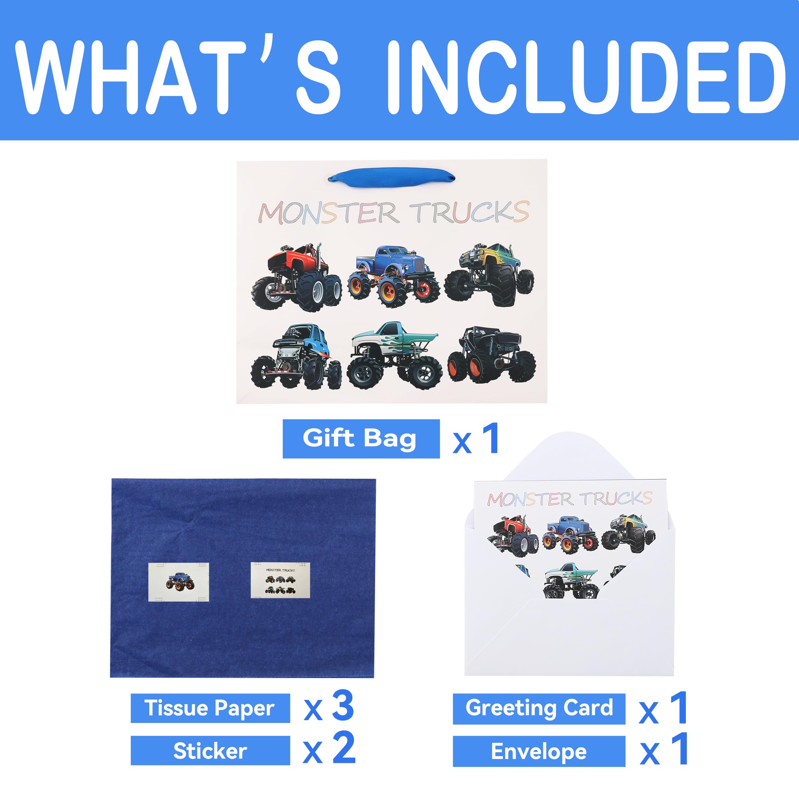 13" Large Birthday Gift Bags Set with Greeting Card and Tissue Paper (Monster Trucks Design) for boys, Kids, Baby boy,Baby Shower,Newborn,New Moms or Parents -13”x5.2”x10.2”, 1 Pcs