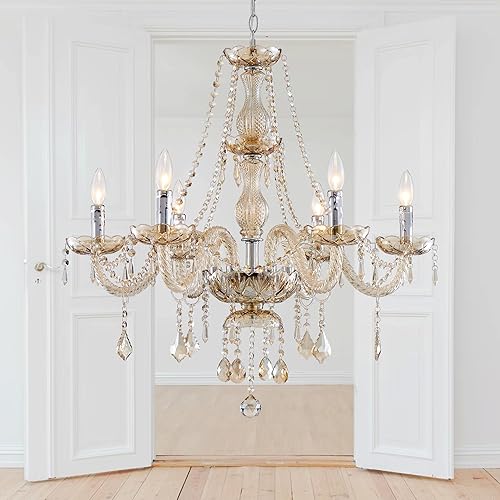 Saint Mossi 6 Light Chandelier Modern K9 Crystal Chandelier Lighting, Champagne Crystal Ceiling Light Fixture Pendant Lamp for Dining Room Bathroom Bedroom Livingroom
