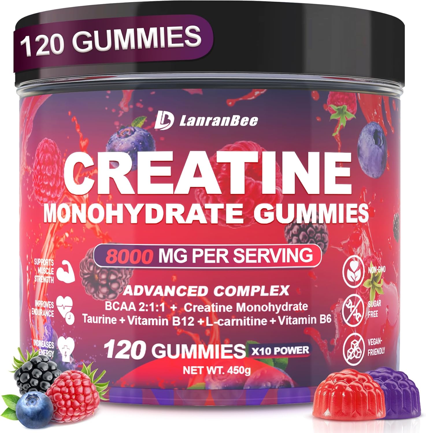 Creatine Monohydrate Gummies for Men & Women with L-Carnitine & Taurine, Sugar Free Chewable Creatine Pre-Workout Supplement for Muscle Strength, Muscle Builder, Energy Boost (Raspberry Flavor)