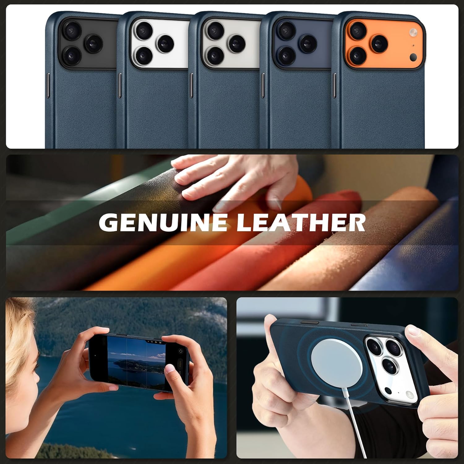 SHIELDON Genuine Leather Case for iPhone 17 Pro Max 6.9" 2025, [Camera Button Updated], Compatible with Magsafe, Magnetic Wireless Charging, Slim Fit, Non-Slip, Anti-Scratch, Shockproof - Navy Blue - Image 9