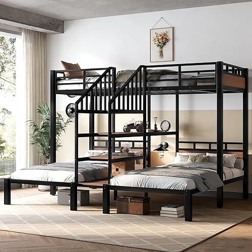 Bellemave Metal Twin Over Twin Over Twin Bunk Beds for 3 Kids, Heavy Duty Triple Bunk Bed Frame with Stairs and Storage Shelf,3 Bed Bunk Beds,Twin Size Triple Bed,Black