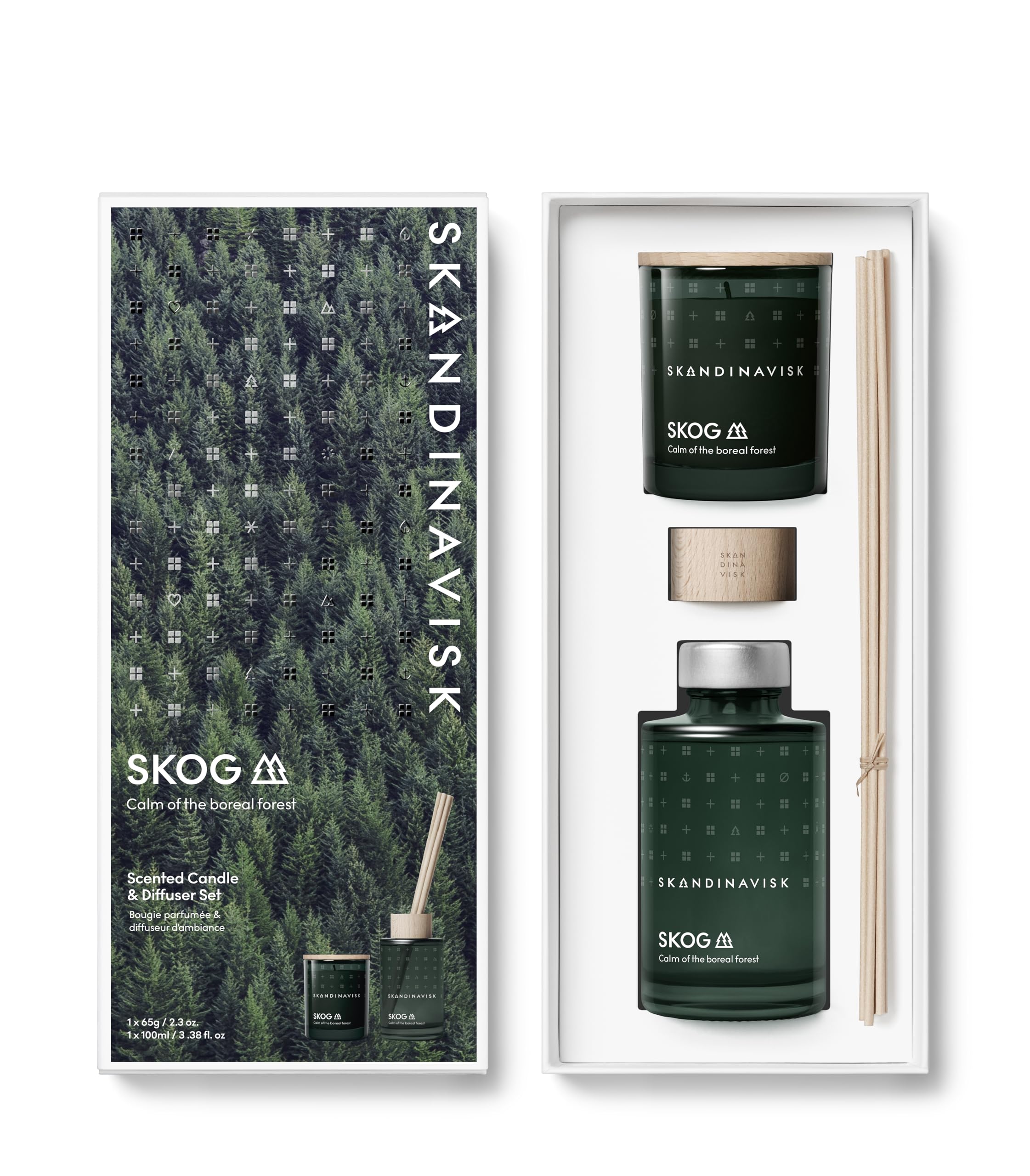 Skandinavisk Skog - Set regalo di candele profumate da 65 g e diffusore a bastoncini da 100 ml, Skog 'Forest', note profumate: aghi di pino e pigne, linfa di betulla e mughetto
