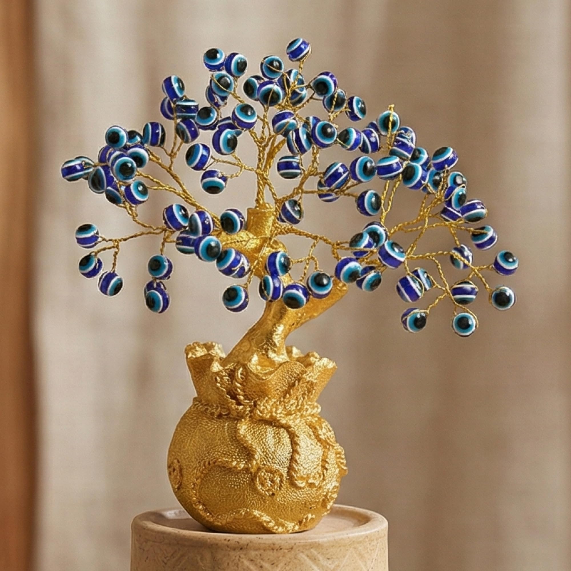 Evil Eye Crystal Bonsai Tree with Golden Pot| Handmade Feng Shui Tree for Protection from Negative Energy & Healing | Evil Eye Talisman for Spiritual Protection