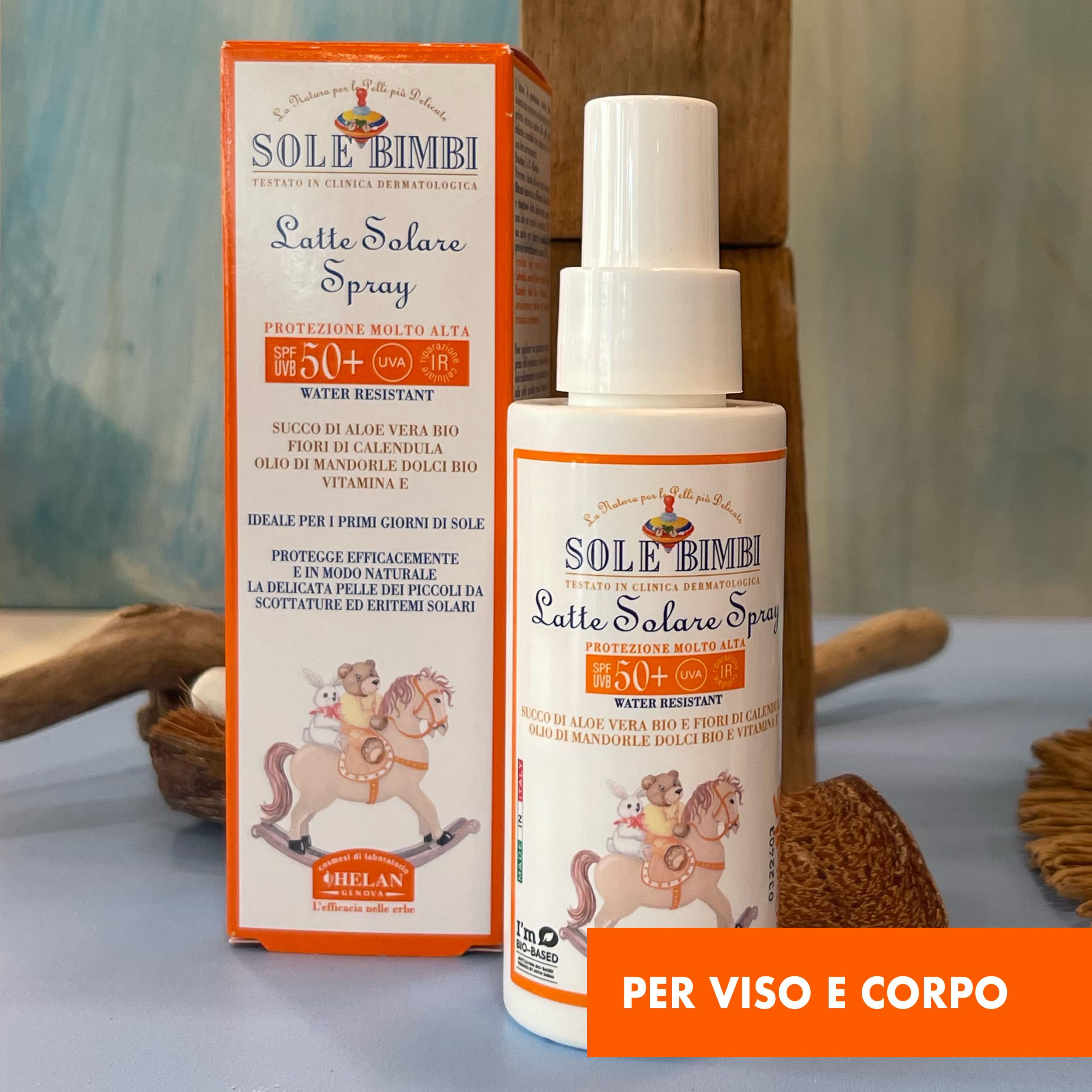 Helan, Sole Bimbi - Crema Solare 50+ Bambini e Neonati Spray Protezione Solare 50+ SPF Molto Alta contro Raggi UVB/UVA, Crema Solare Viso Corpo con Olio di Mandorle Dolci, Vitamina E, Aloe Vera 100 ml