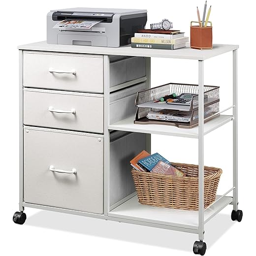 DEVAISE 3 Drawer Mobile File Cabinet, Rolling Printer Stand with Open Storage Shelf, Fabric Lateral Filing Cabinet fits A4 or Letter Size for Home Office, White