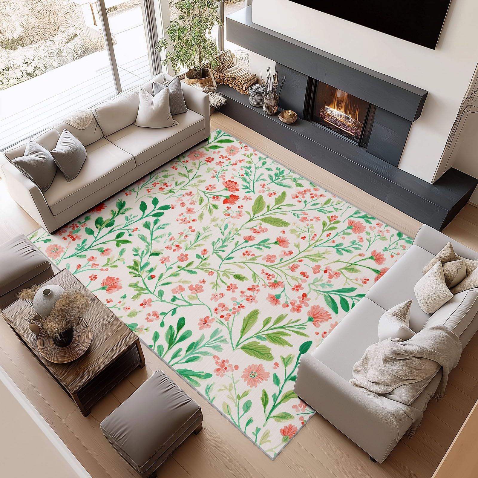 Tappeto per Donne e Adulti 140X200 CM Flanella Lavabile in Lavatrice, Antiscivolo, Anallergico, Casa Rurale Stile Botanico Floreale Cucina Soggiorno Tappeto