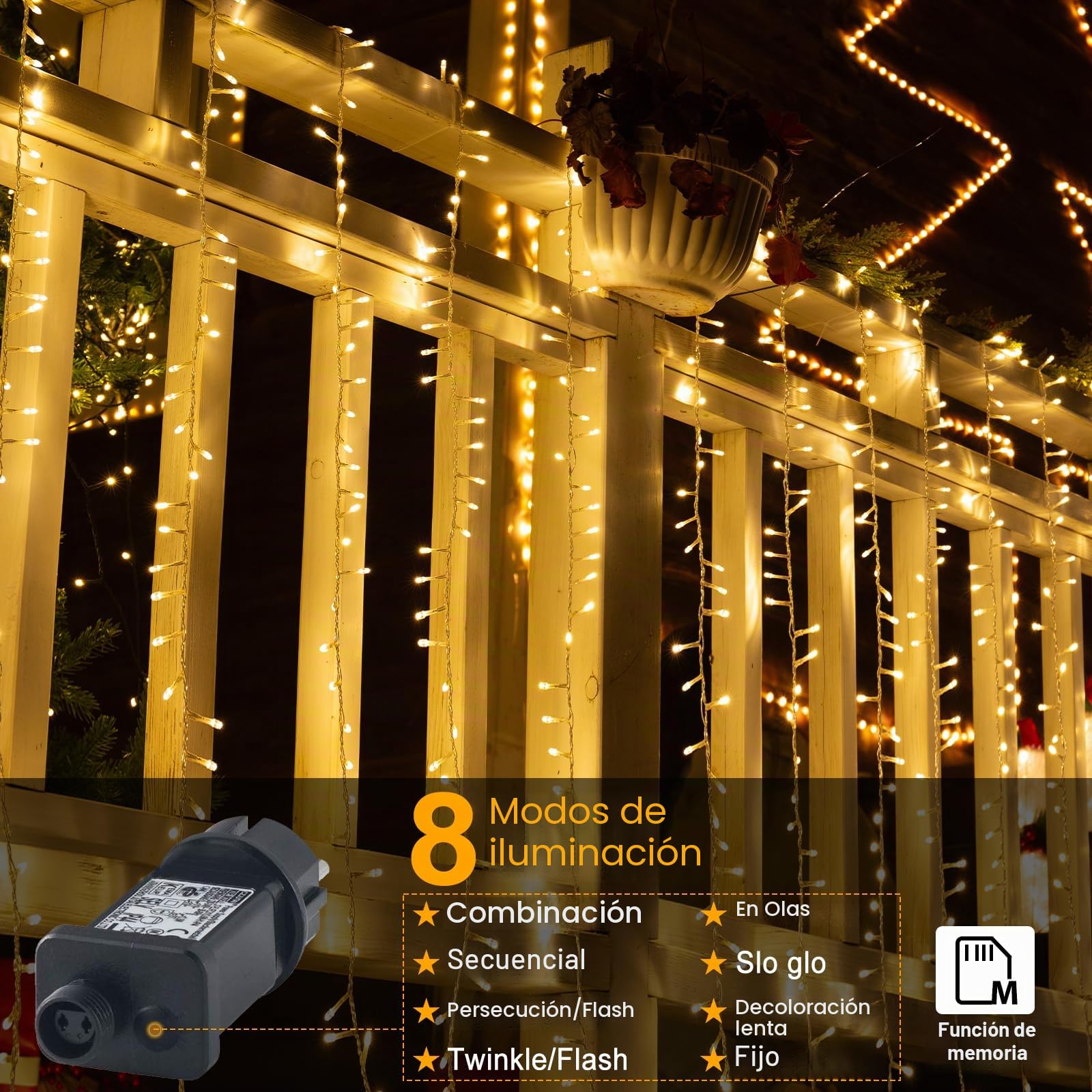 Quntis Luces Navidad Exterior 100M 1000LEDs, Blanco Cálido Luces Arbol Navidad Interior con 8 Modos Impermeable IP44 y Función Memoria, Cadena Luz Decoración para Fiestas Jardín Balcón Boda