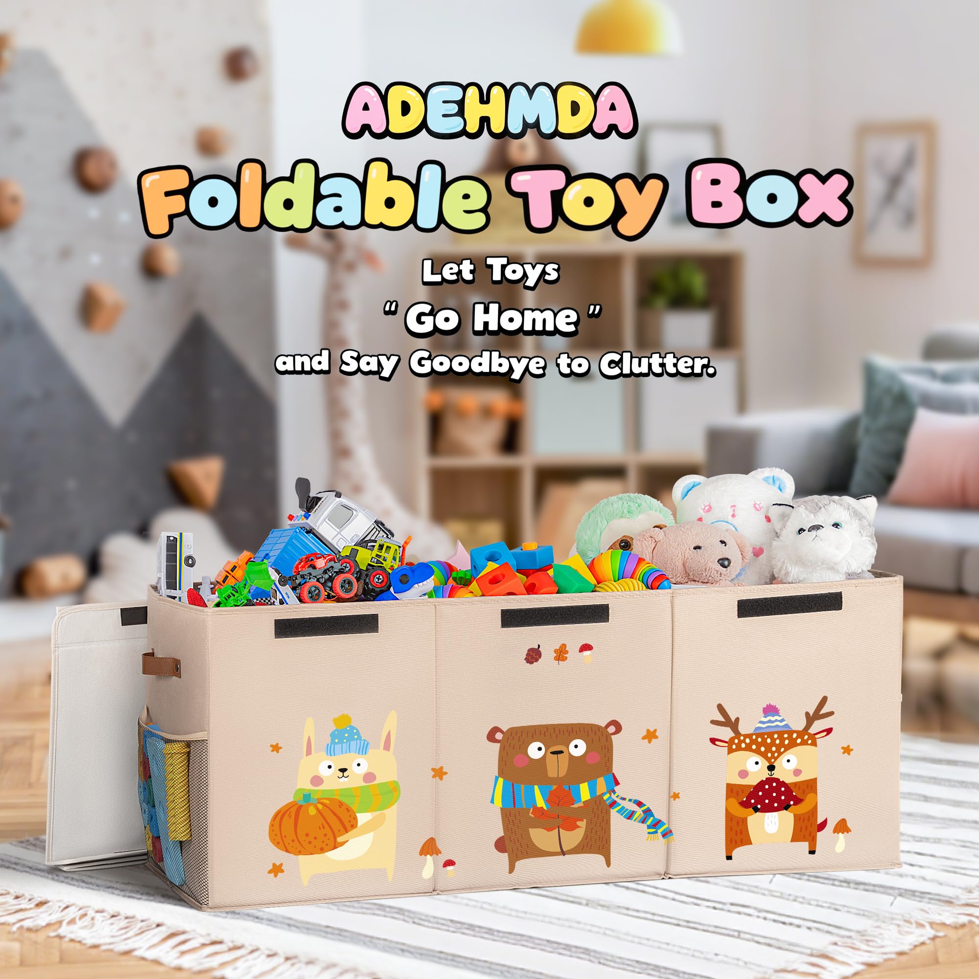 ADEHMDA Toy Chest, Large Toy Box with Lid, Collapsible Sturdy Toys Storage Organizer Bins for Kids, Girls and Boys, Nursery Room and Living Room, 39.5