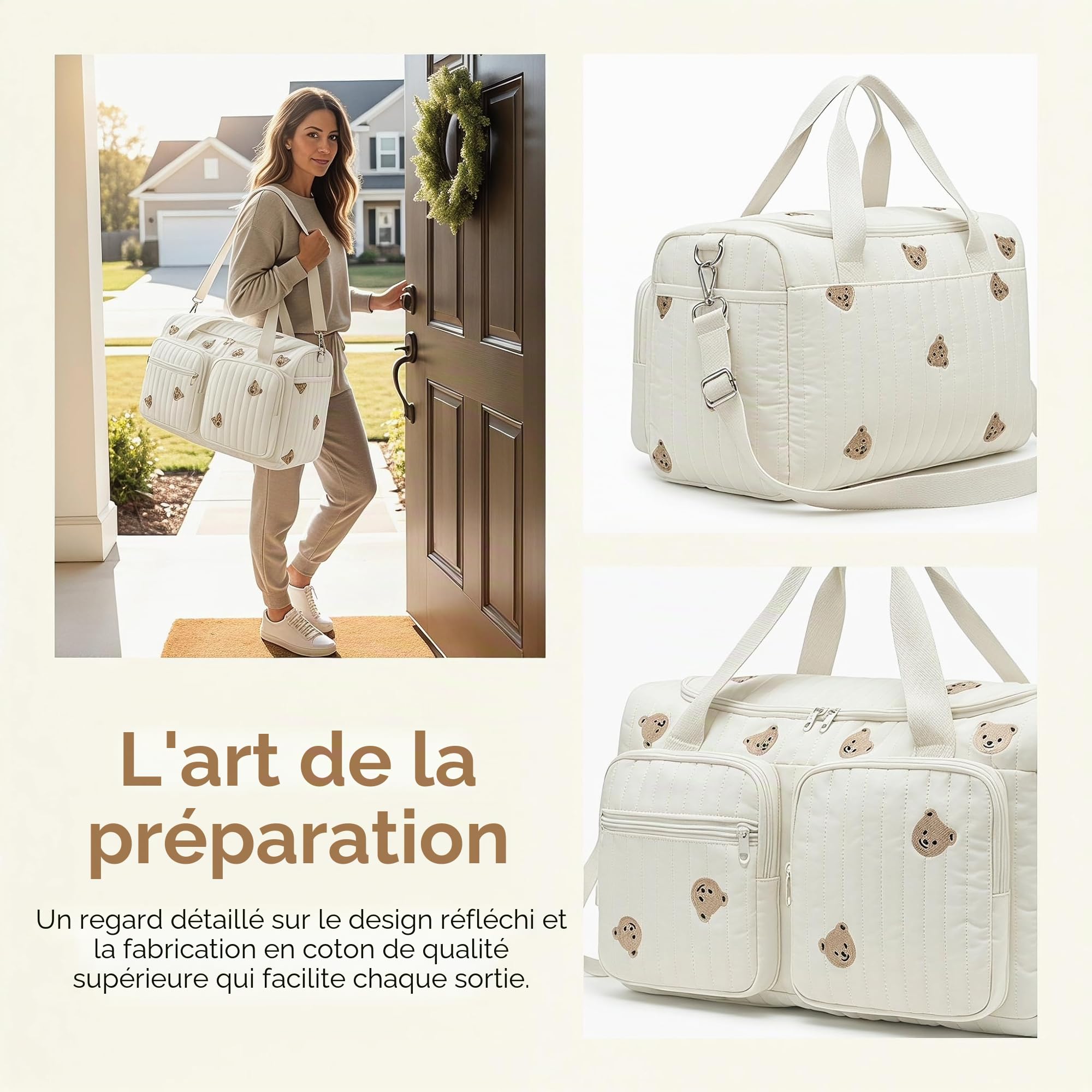 Sac à Langer Bebe Bandoulière 48x26x22cm, Sac de Maternité Multi Poches, Sac de Voyage Femme avec Ceinture Ajustable