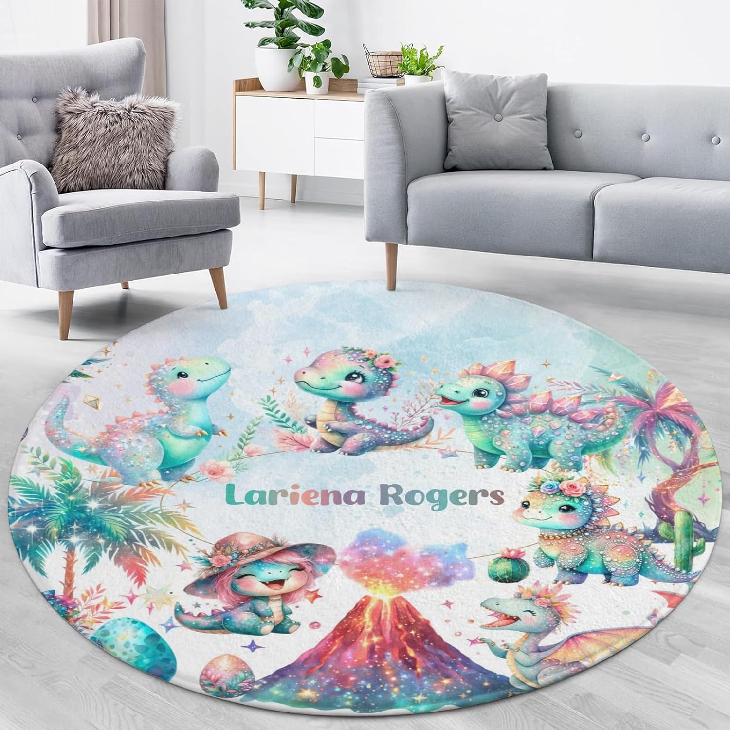 Custom Name Washable Round Area Rug, Dino Girl Fantasy Landscape Non-Slip Round Rugs 80CM-Soft Flannel Circle Carpet for Living Room Bedroom Kitchen Nursery,Dinosaur for Boys Girls