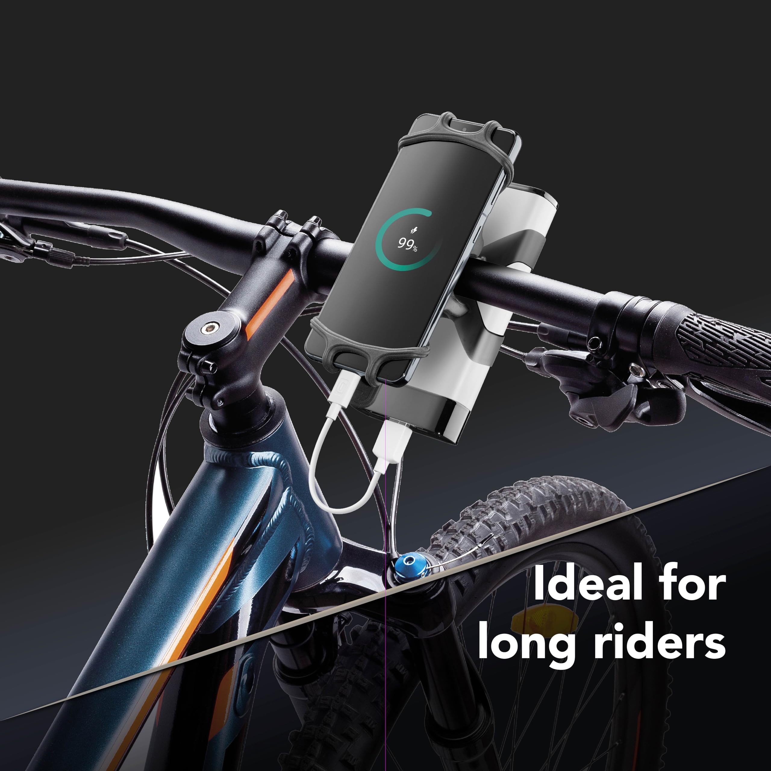 mobile | RIDER POWER BANK | Uchwyt na telefon komórkowy do kierownicy rowerowej i skuterów ze zintegrowanym zaciskiem do drzwi powerbank - Czarny