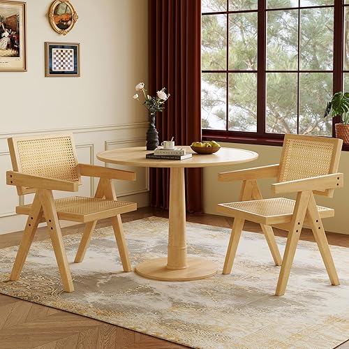 Miniatura 7 de Juego de 2 sillas de comedor de madera, sillas de comedor modernas de ratán de mediados de siglo, cómodos sillones para exteriores con silla