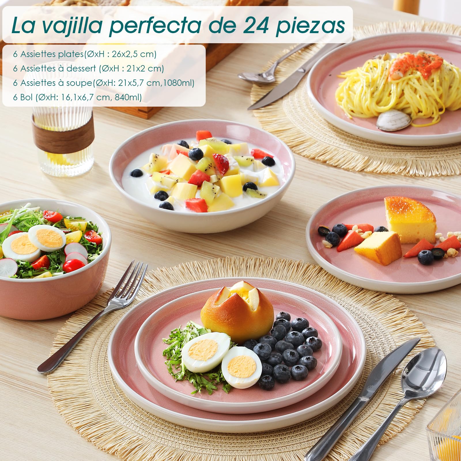 vancasso ELBA Assiettes Service de Table 6 Personnes, 24 Pièce Service Vaisselle Complet en Grès - 6 Assiettes Plates, 6 Assiettes à Dessert, 6 Assiettes Creuses et 6 Bols, Compatible Micro-Ondes,Rose