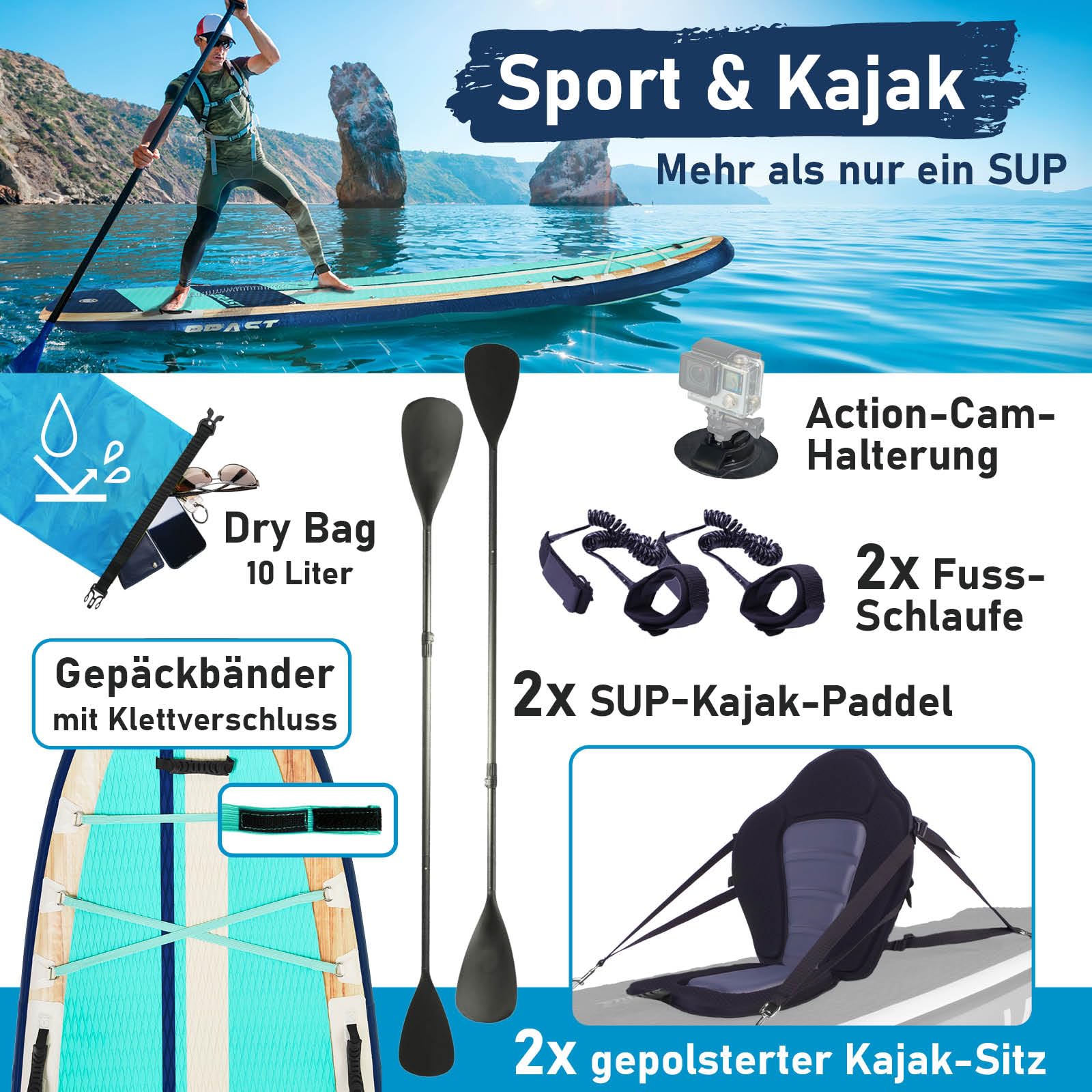 BRAST SUP Board Family | Aufblasbares Stand up Paddle Set XXL | 370x87x15cm bis 250kg | 7 Designs | inkl. Zubehör 2X Kajak-Sitz 2X Fußschlaufe 2X Paddel Pumpe Rucksack