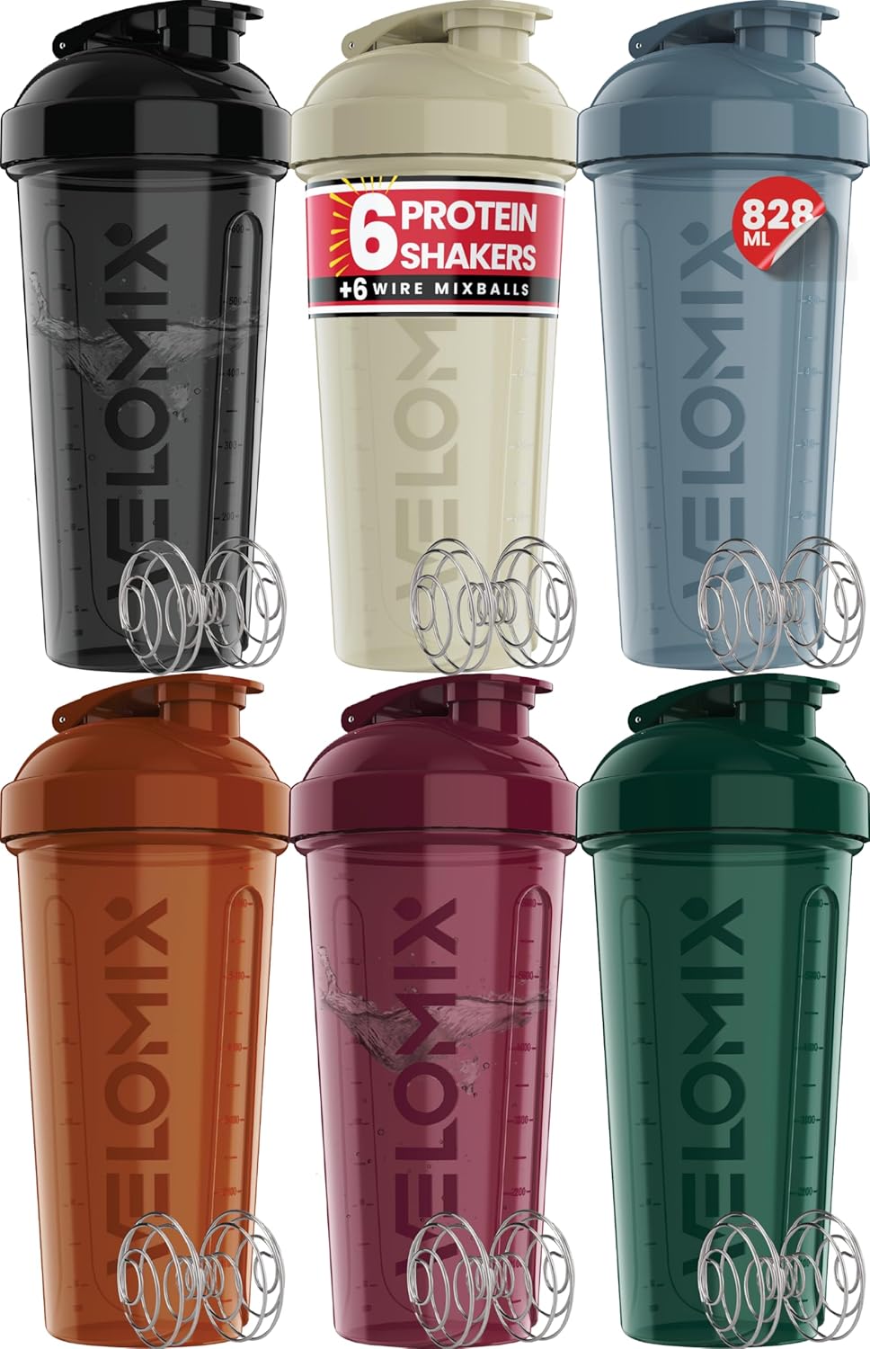 VELOMIX -6 PACK- 828ml Protein Shaker Bottle -6x Wire Mixball | Leak Proof Shaker For Protein Shakes | Large, Stackable Protein Shake Bottle | Dishwasher Safe Gym Bottle (Earth Tones Collection)