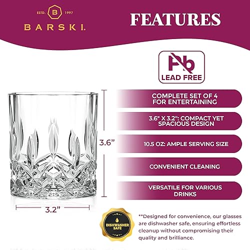 Miniatura 5 de Barski Vasos de whisky con diseño de rocas dobles a la antigua, juego de 4 vasos de cristal DOF, para whisky, bourbon, para agua, bebidas, 10.5