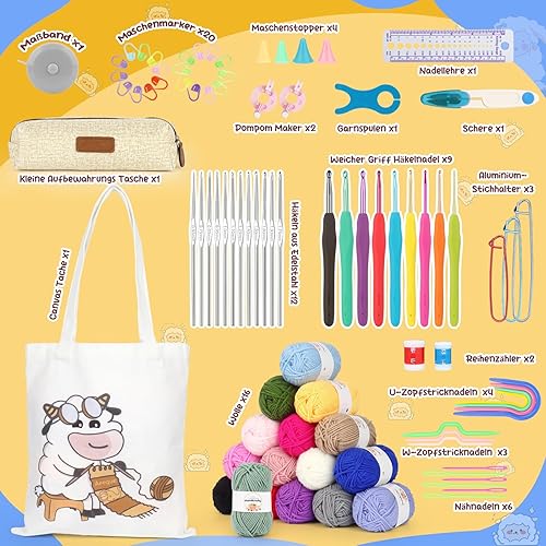 Miniatura 2 de Aeeque Kit de ganchillo para adultos principiantes, kits de ganchillo con 16 hilos, juego de 87 ganchos de ganchillo incluye ganchos de ganchillo de