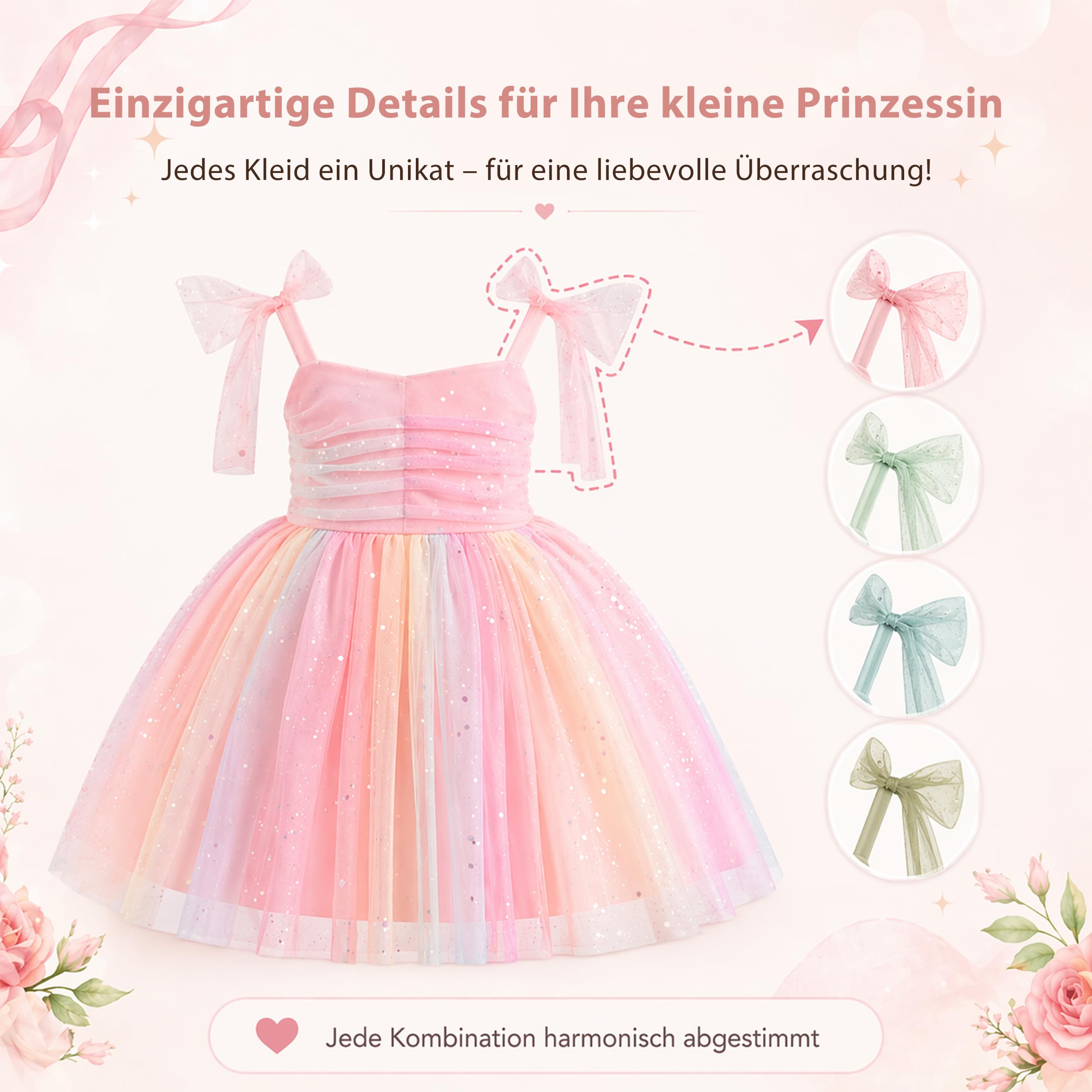 Feenkleid Mädchen Prinzessinnenkleid mit 3D-Schmetterlingsflügel, Regenbogen-Tüllkleid Baby Kleinkind Tutu, Blumenmädchen Festkleid für Geburtstag Hochzeit Karneval Kostüm