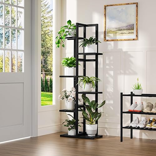 Miniatura 2 de Soporte de bambú de 6 niveles para plantas de interior, soporte alto de madera para flores, estante esquinero para múltiples plantas (negro)