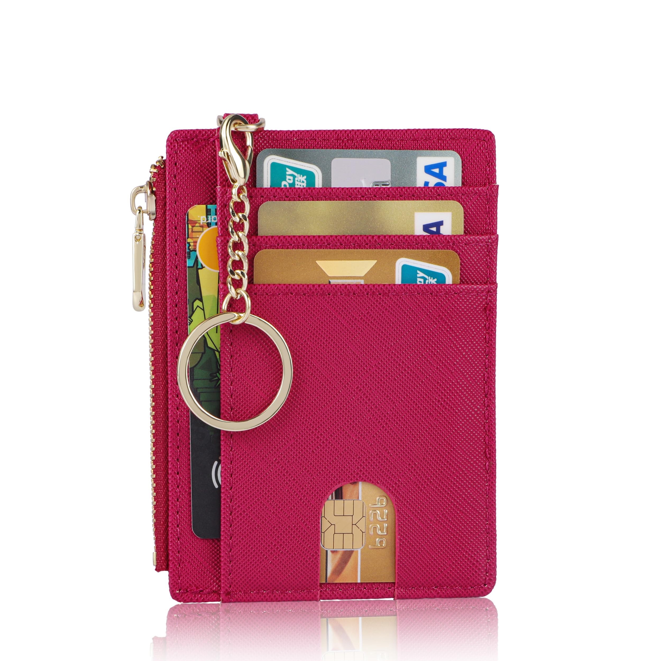 Suweibuke Slim Pocket Wallet, RFID Blocking Credit Card Holder Wallet with D-Shackle ID Window and Detachable keychain for Women (A-Burgundy Red)