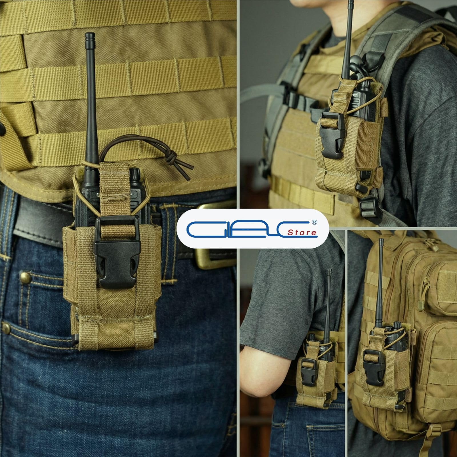 Tasca porta radio tattica MOLLE universale compatibile gilet zaini cinture 4 colori Tan