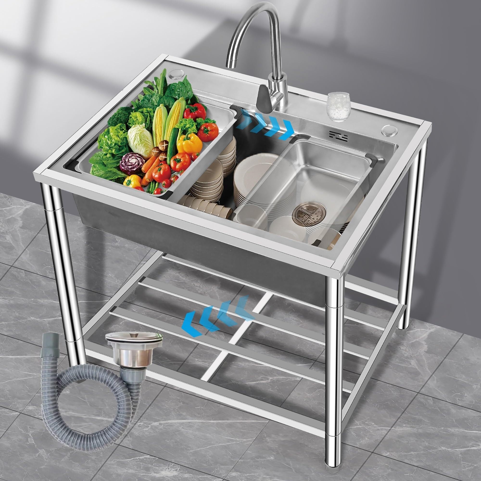 SDdPulse Fregadero independiente de acero inoxidable con grifo de agua caliente y fría, ideal para cocina, garaje, lavandería y restaurante, plateado, 72 x 49 x 85 cm