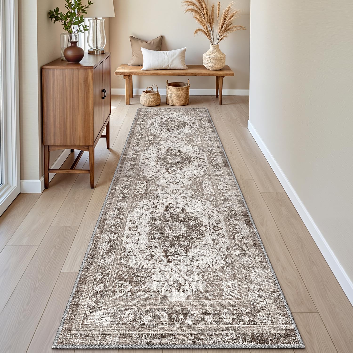 DEXI Hallway Runner Rug 60 x 210 cm, Non-Slip Long Washable Entryway Floor Mats, Absorbent Thin Vintage Carpet Runners for Kitchen, Laundry, Bedside, Brown